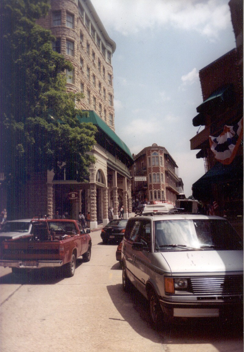 Basin Park Hotel in Eureka Springs, limestone block and green awning