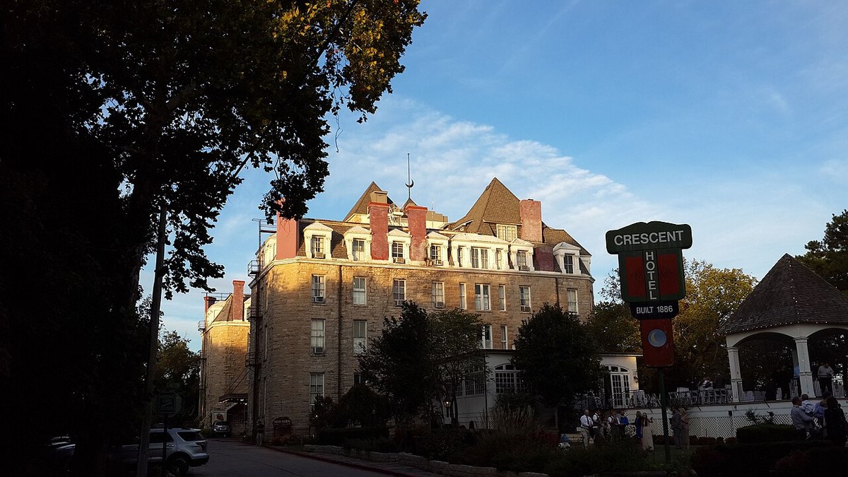 1886 Crescent Hotel in Eureka Springs, limestone front and canopy door