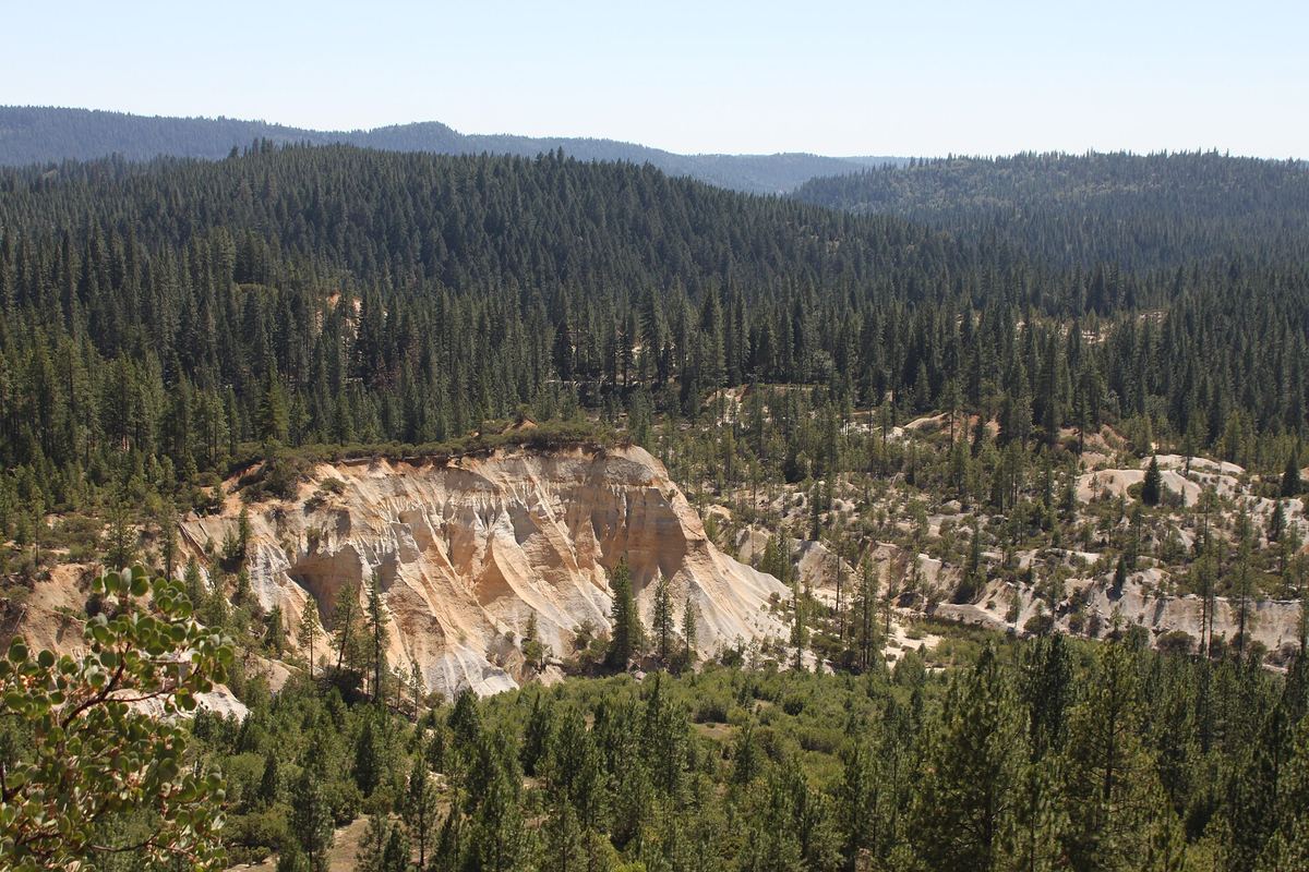 Eroded pale cliffs of the old hydraulic mining pit at Malakoff Diggins, surrounded by pine forest