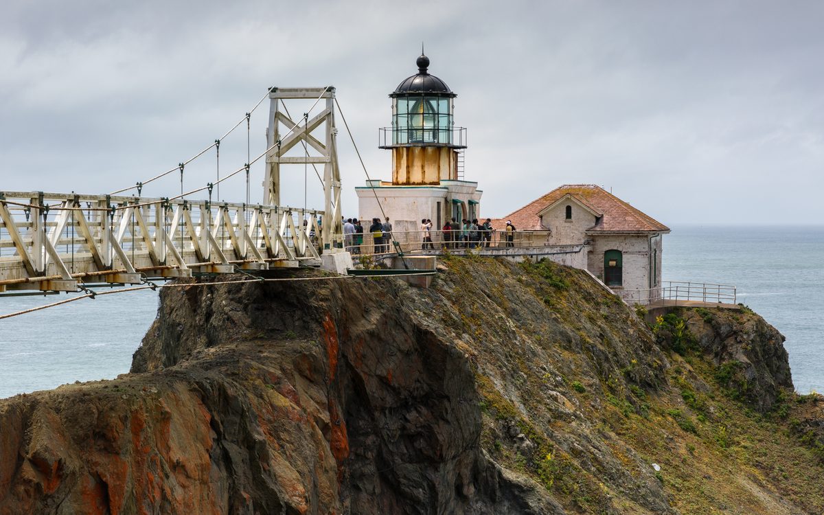 Point Bonita Lighthouse at the end of its suspension bridge on a rocky point in the Marin Headlands