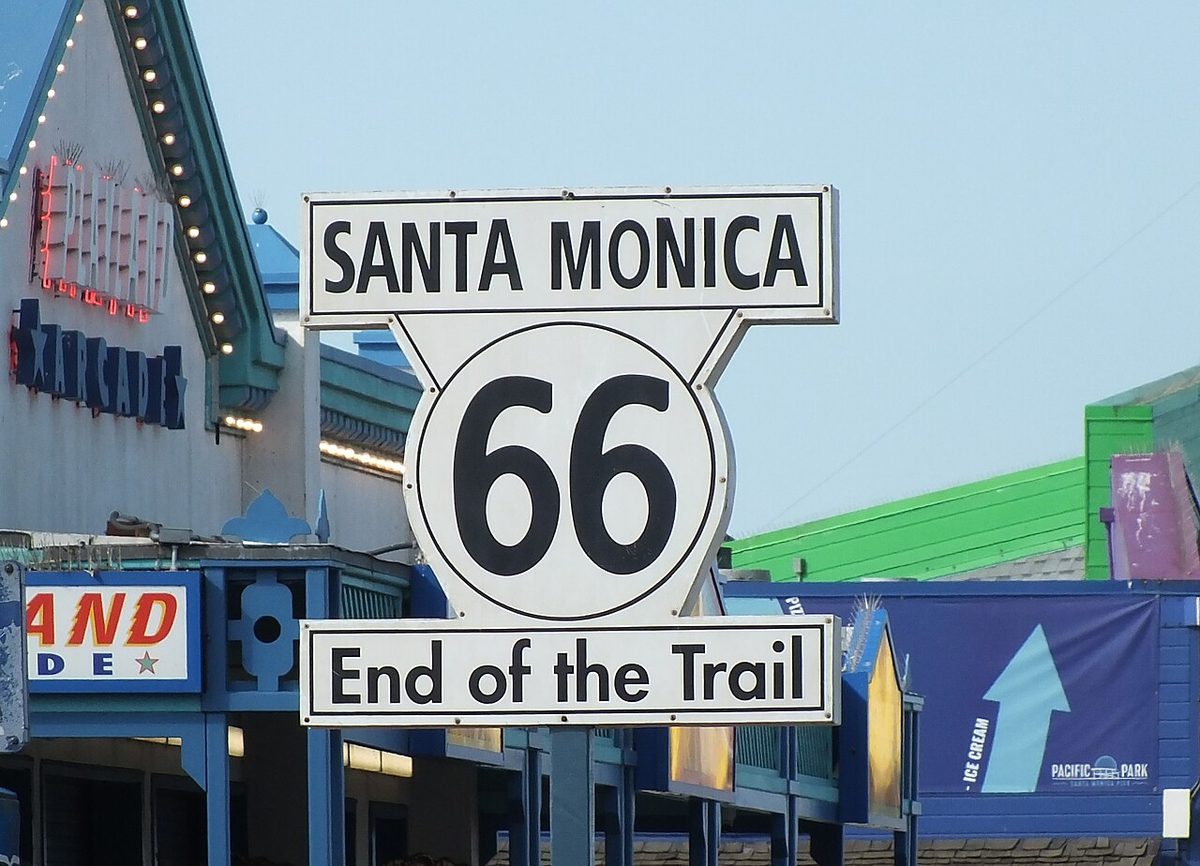 Santa Monica 66 End of the Trail sign on the Santa Monica Pier