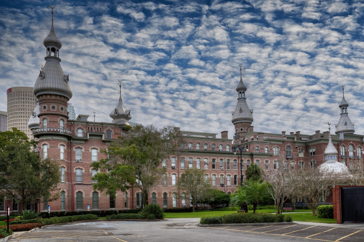 Henry B. Plant Museum in Tampa, the long brick front, the minarets, and the wings of the old hotel