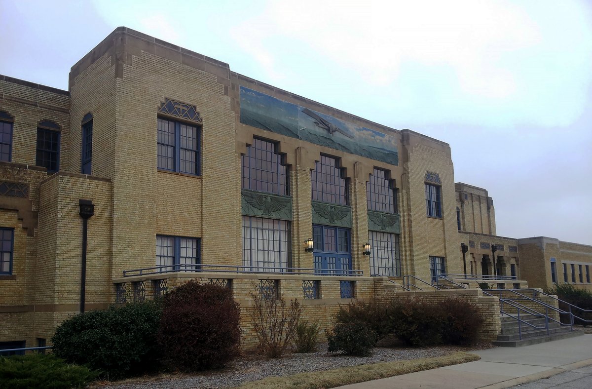 Kansas Aviation Museum in Wichita, brick terminal and blue doors