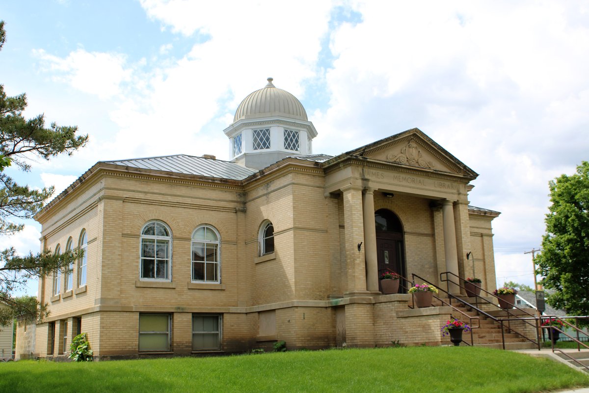 James Memorial Art Center in Williston, pediment reading James Memorial Library
