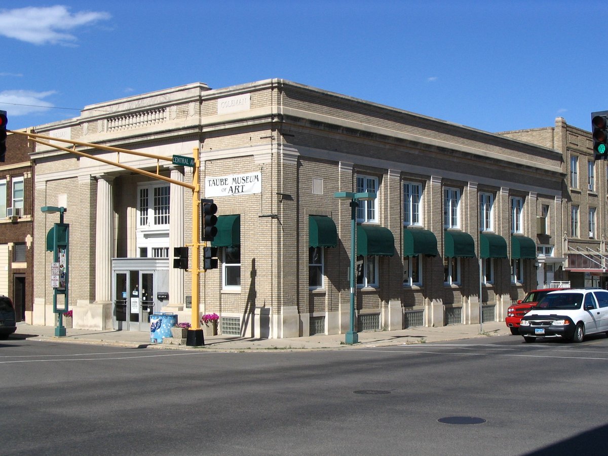 Taube Museum of Art in Minot, banner on the former bank