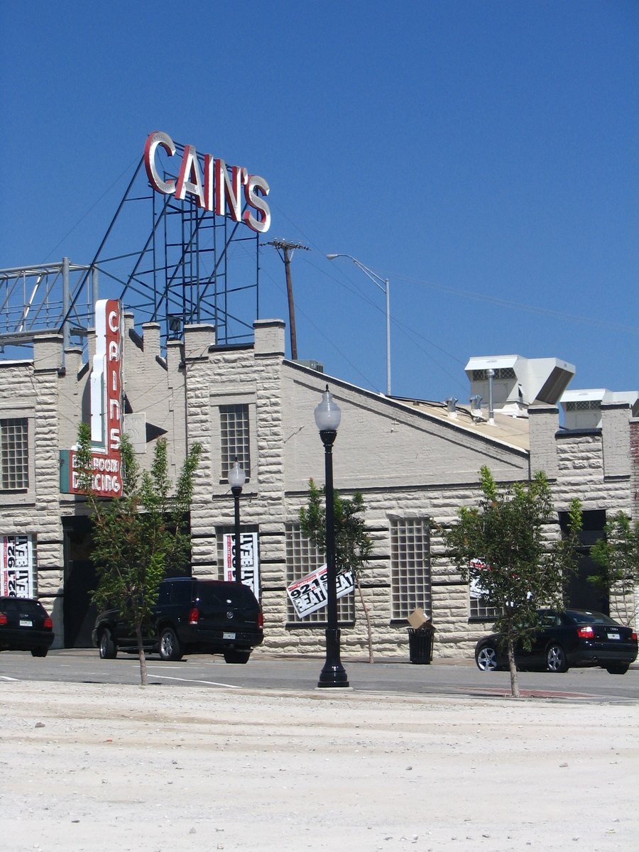 Cain's Ballroom in Tulsa, stone front and roof sign