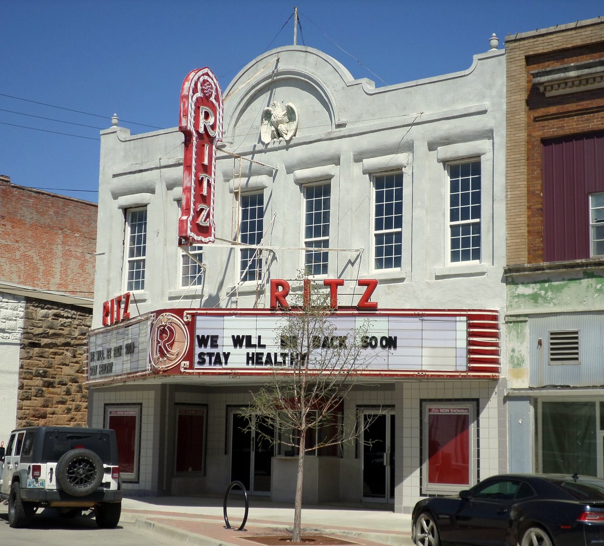 The Ritz Theater in Shawnee, blade sign and center doors