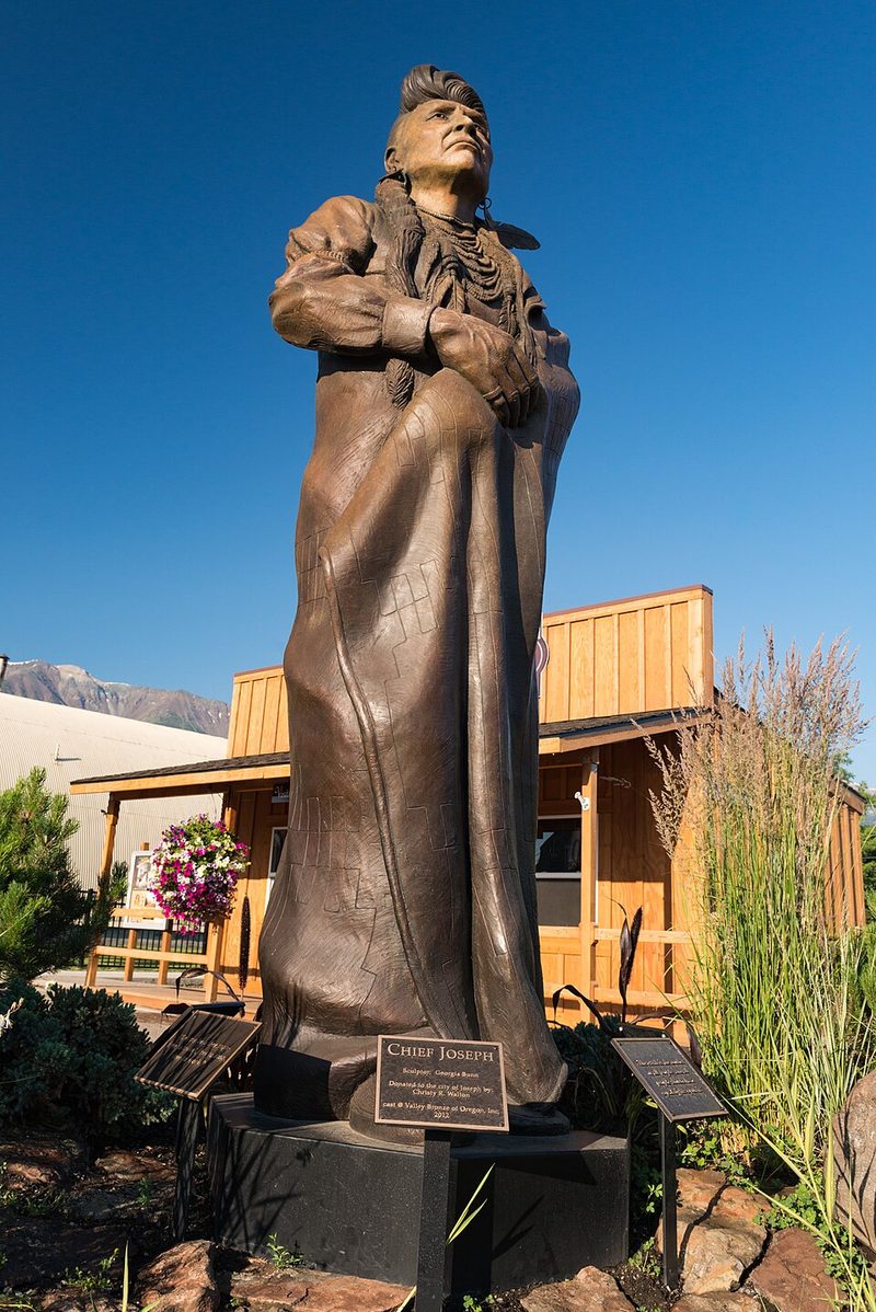 Georgia Bunn's twelve-foot bronze statue of Chief Joseph on Main Street in Joseph, Oregon