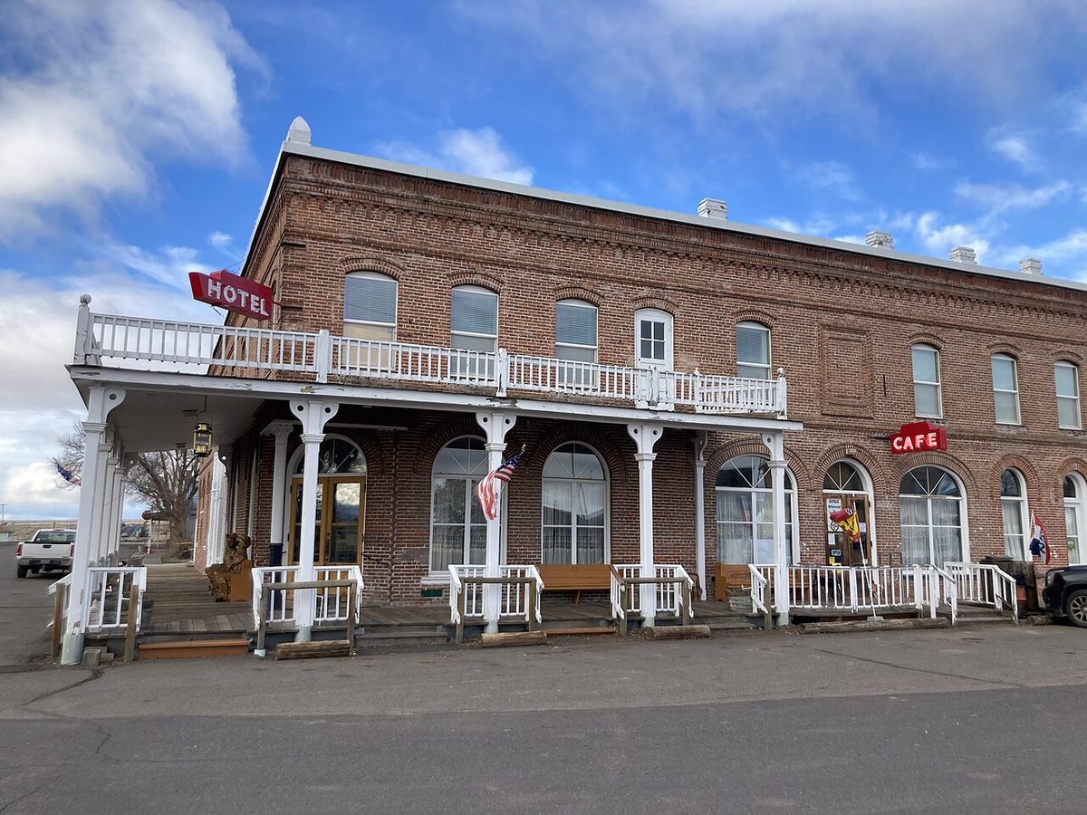 The two-story Shaniko Hotel with its wraparound porch in the high-desert town of Shaniko, Oregon