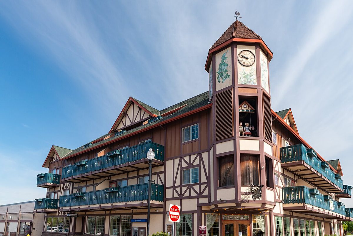 Mount Angel's Bavarian-style Glockenspiel building with its clock tower and carved figures, Mount Angel, Oregon