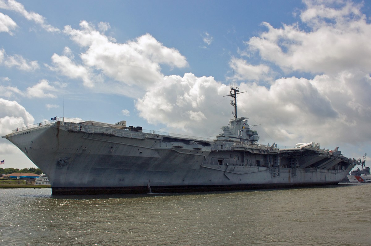 USS Yorktown at Patriots Point, the carrier, the island, and the flight deck from the water