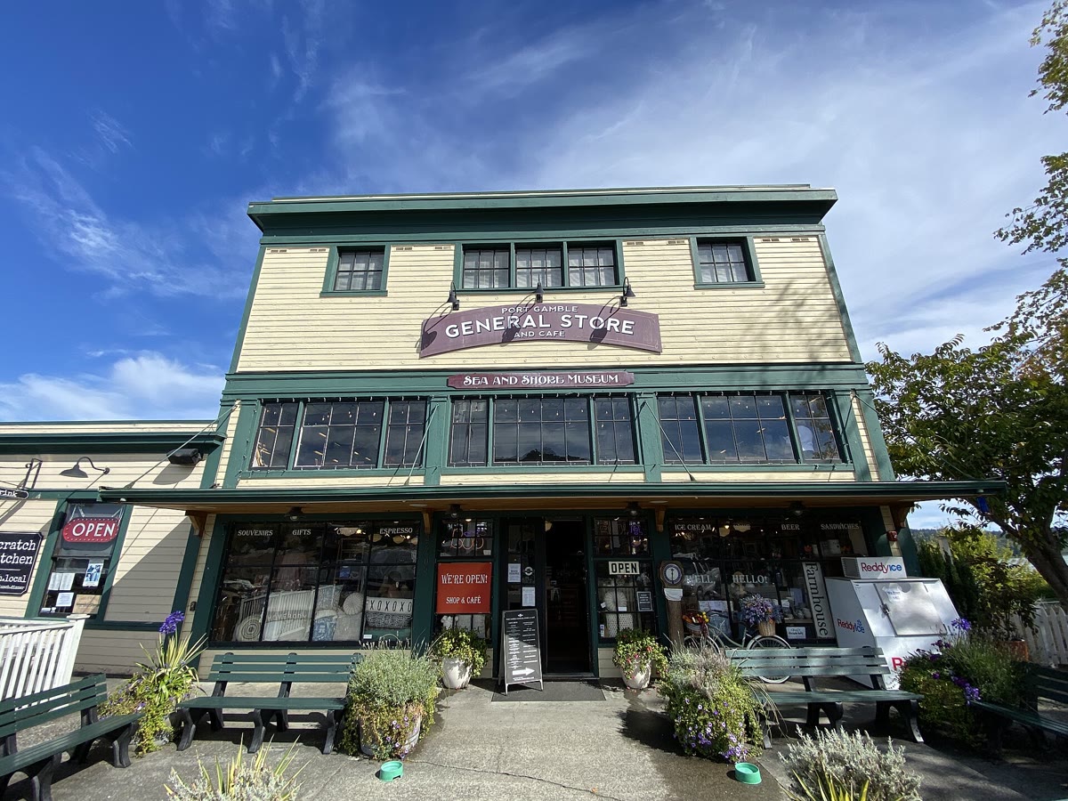 Historic general store building in the Port Gamble National Historic Landmark district