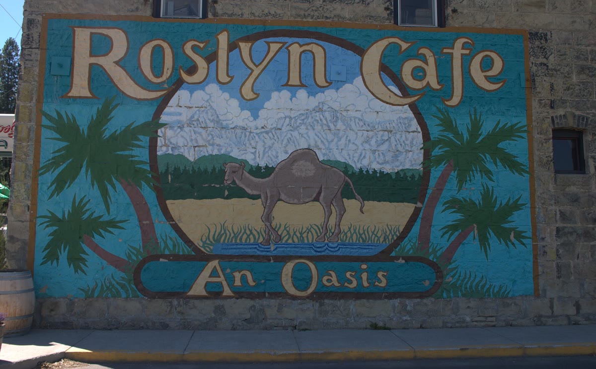 Roslyn Cafe building with camel mural in Roslyn, Washington, a Northern Exposure filming location